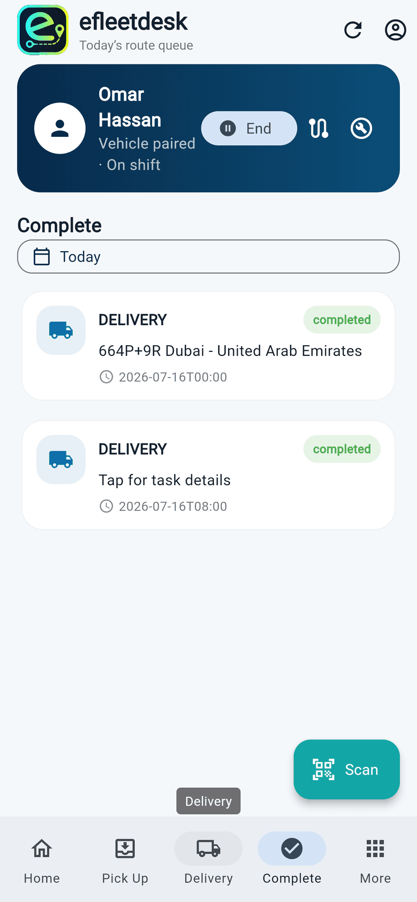Driver app completed deliveries tab