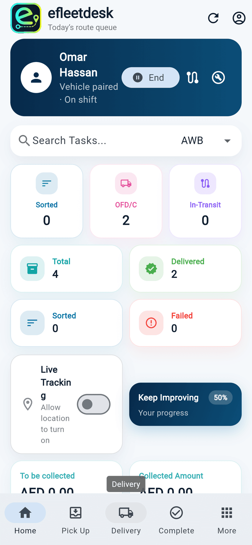 Driver app home screen while on shift