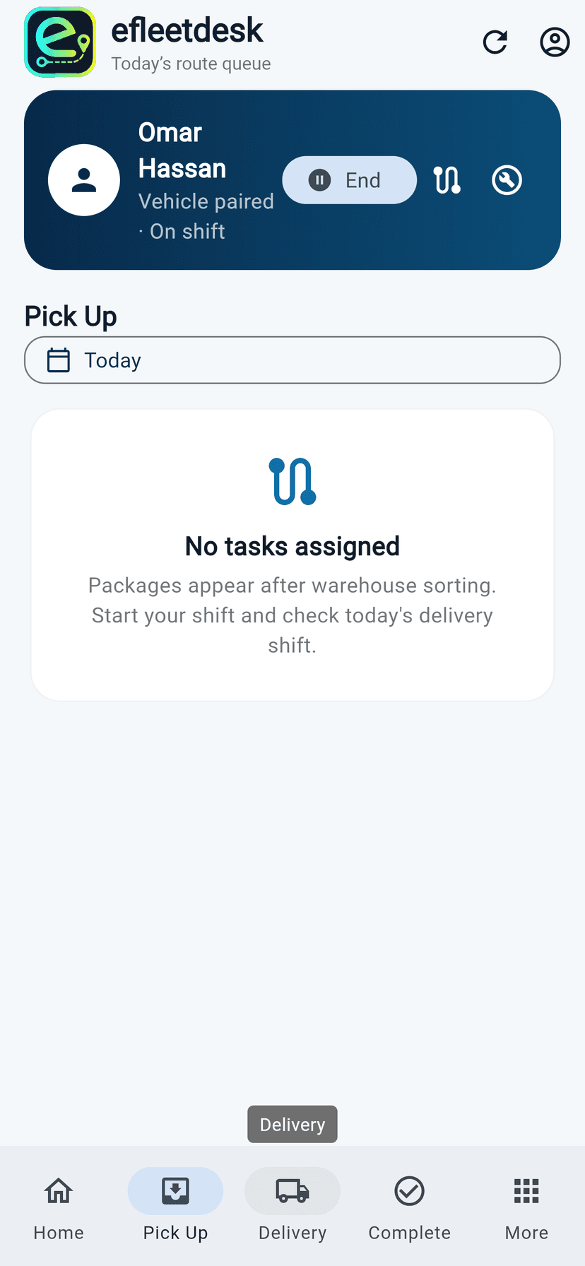 Driver app pickup tab