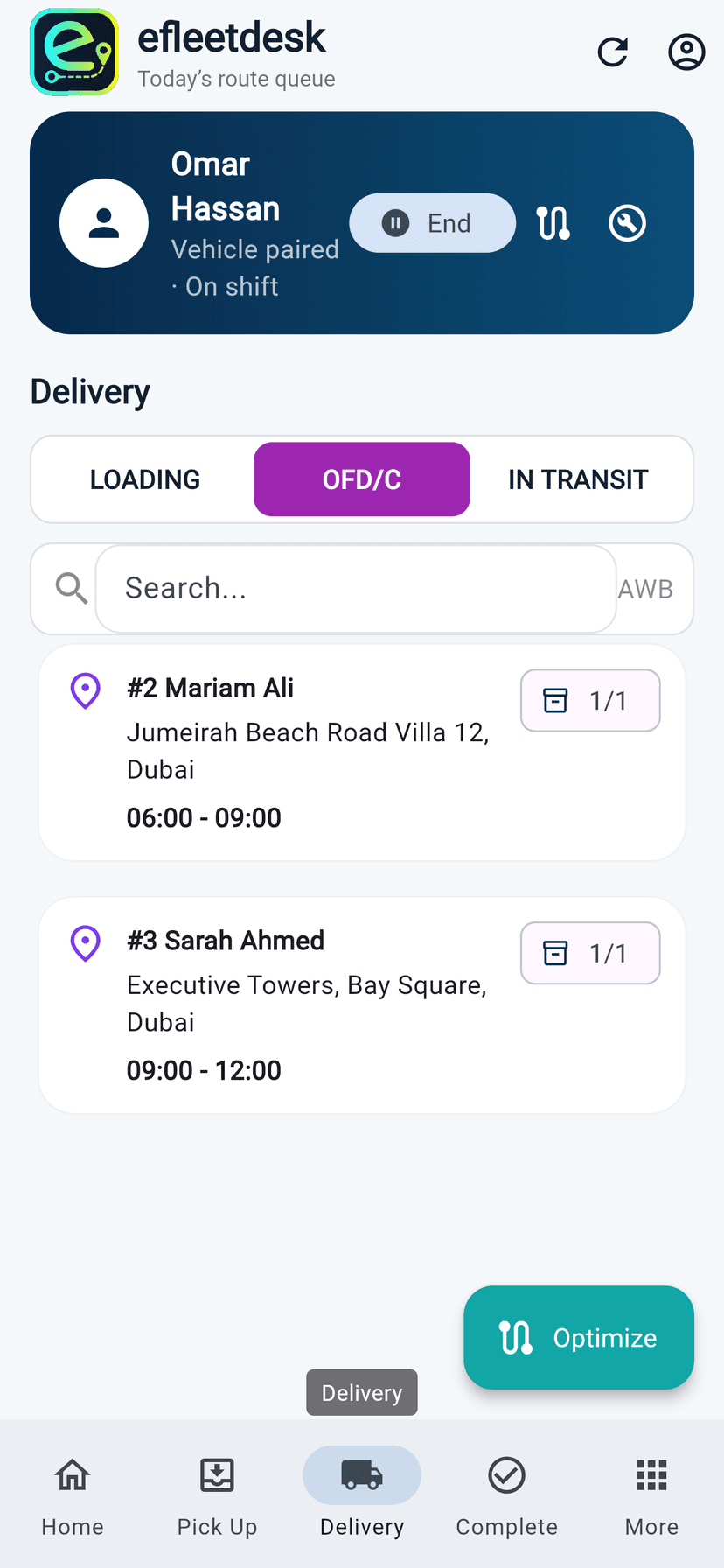 Driver app route map and navigation