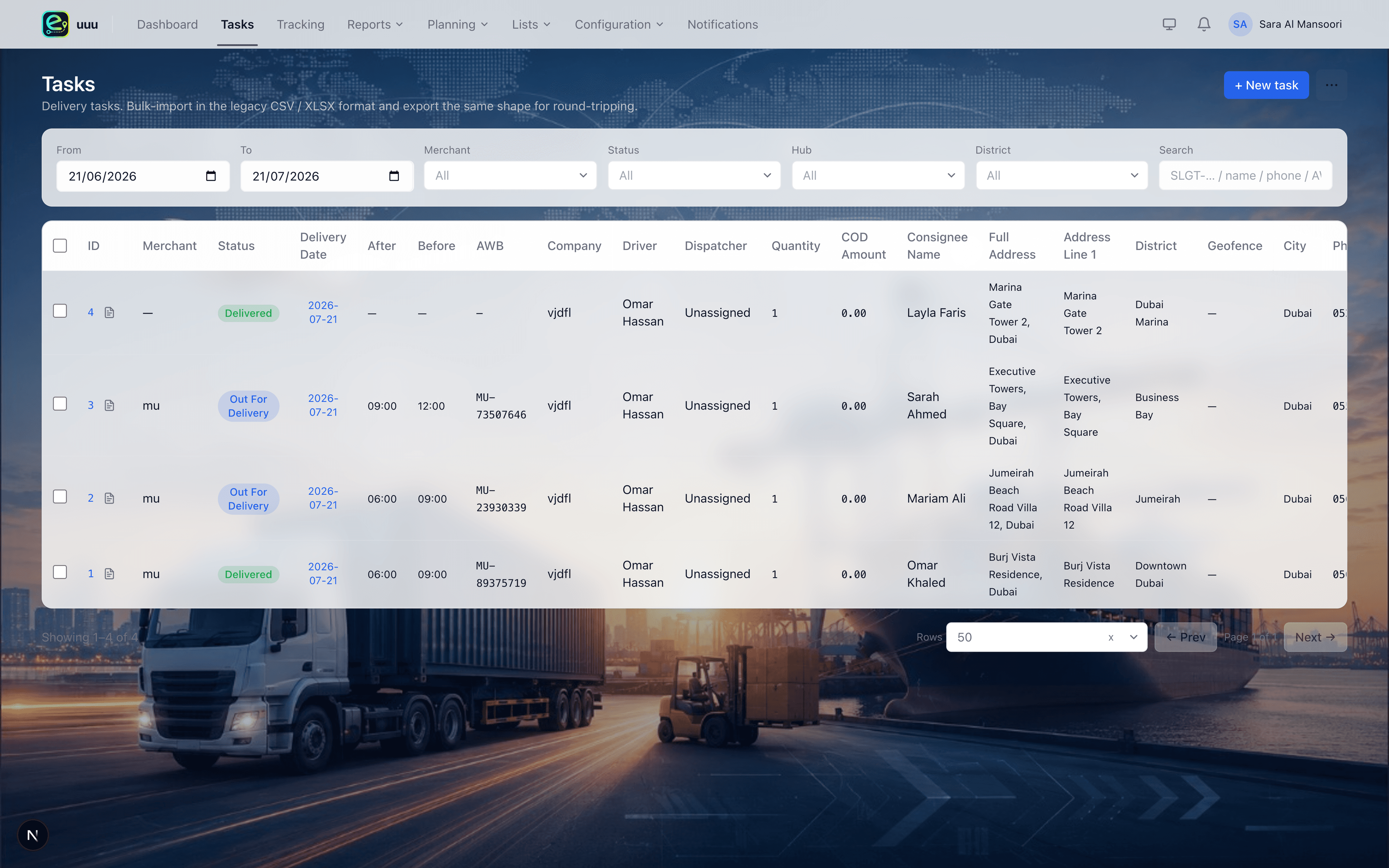 Tasks board with out-for-delivery rows
