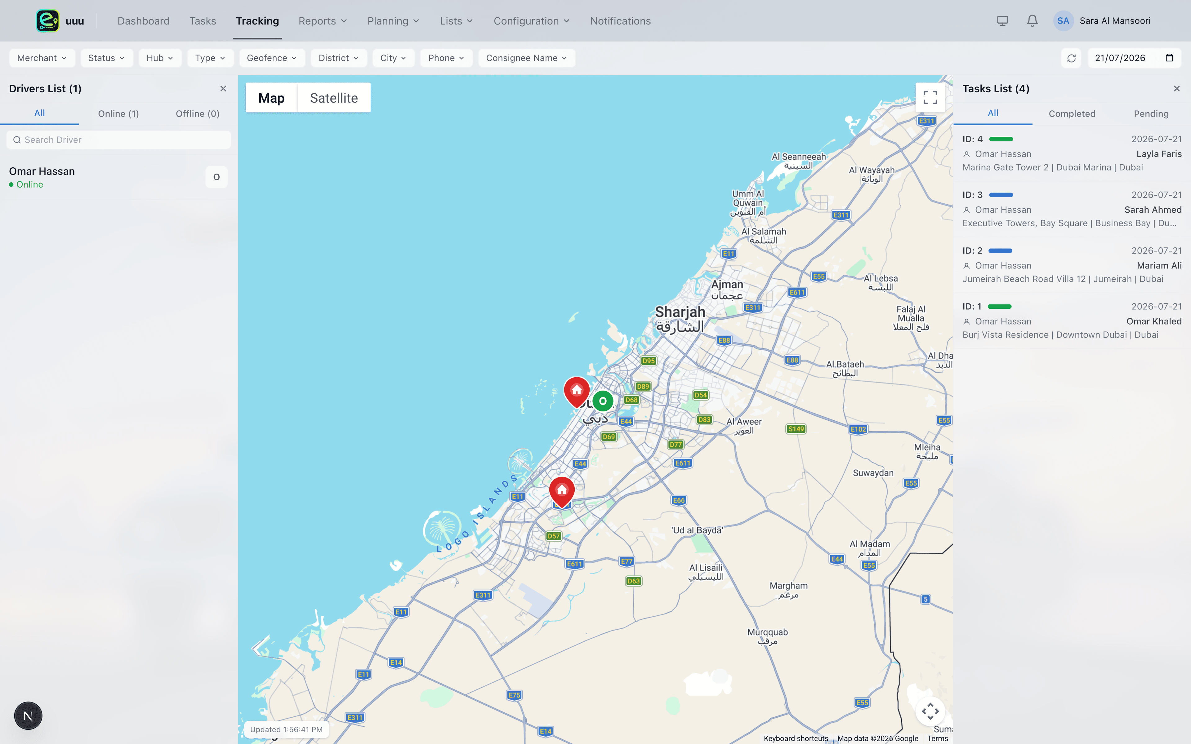 Live tracking map with drivers
